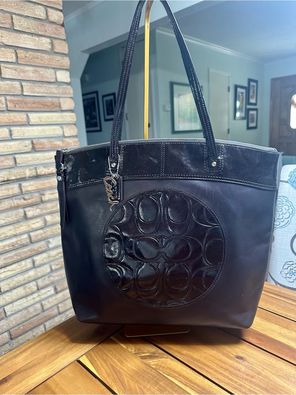 Coach Black Smooth Leather LauraTote with Embossed Signature Medallion